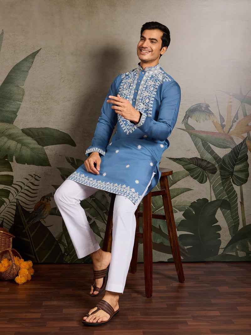 Kalaanj Men's Embroidered Silk Kurta || Only Kurta (KALSS2504MK-Blue-XL) - Image 5