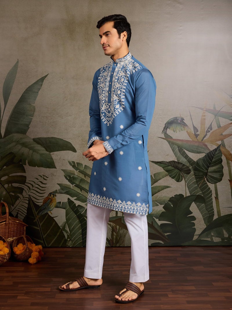 Kalaanj Men's Embroidered Silk Kurta || Only Kurta (KALSS2504MK-Blue-XL) - Image 4