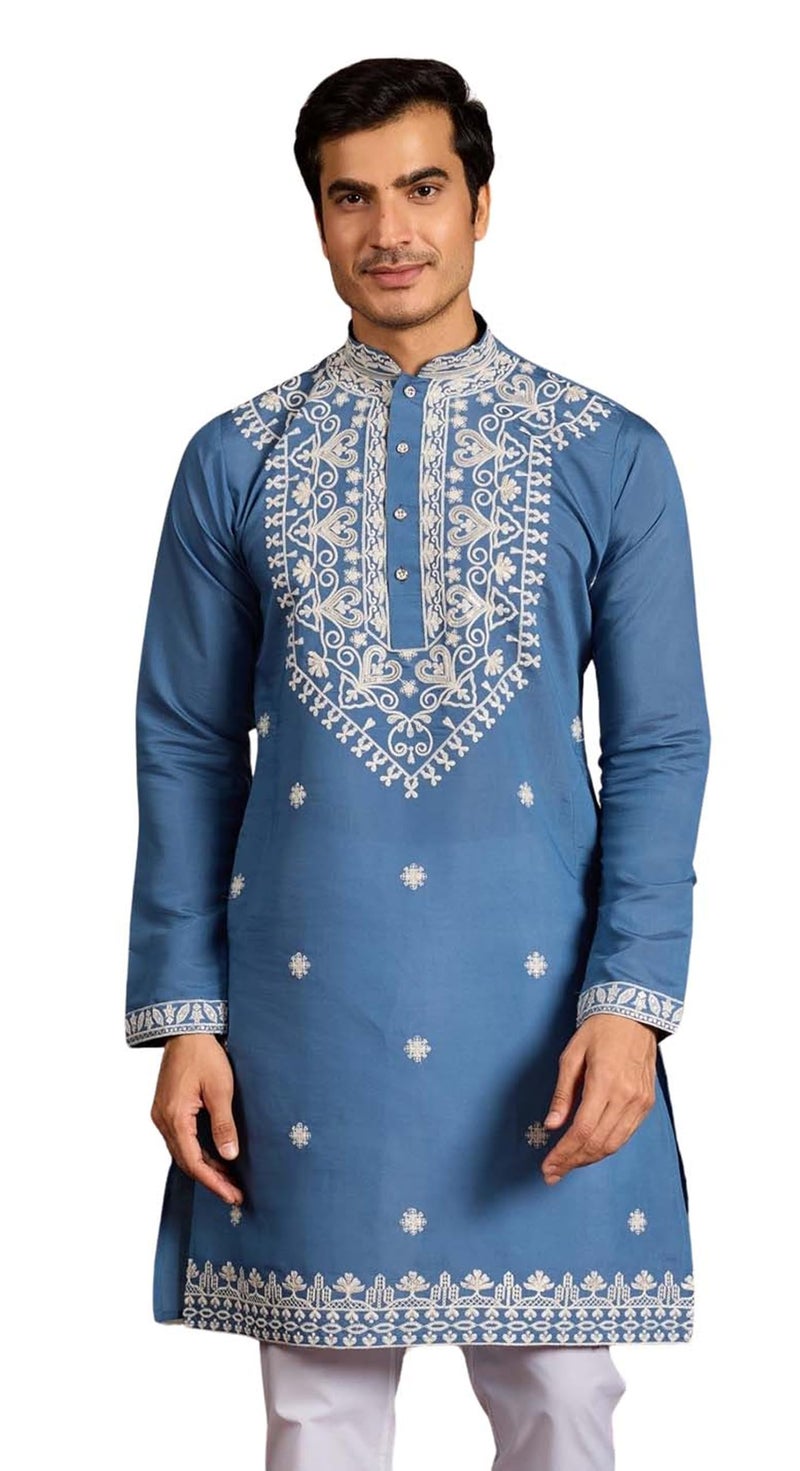 Kalaanj Men's Embroidered Silk Kurta || Only Kurta (KALSS2504MK-Blue-XL) - Image 1