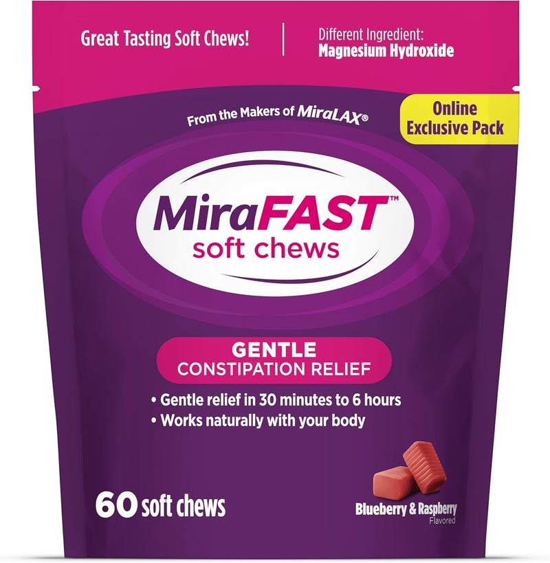 MiraLAX MiraFAST Soft Chews, from the makers of MiraLAX, Gentle Constipation Relief in 30min-6hrs, Fast Acting Laxative, Stimulant Free Saline Laxative, Magnesium Hydroxide, Blueberry & Raspberry Flavor, 60ct