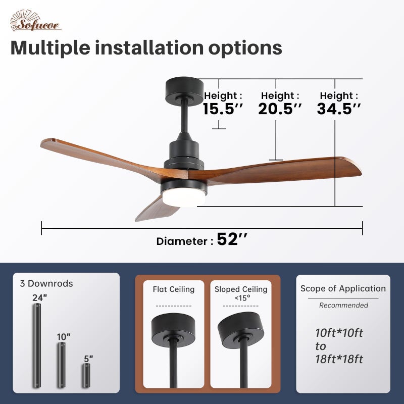 Sofucor 52 Inch Solid Wood Ceiling Fans With Lights, Low Profile Ceiling Fan with Light and Remote, 3 Downrod, Reversible DC Motor, Indoor/Outdoor 3 Blade Ceiling Fan Light for Bedroom Farmhouse Patio - Image 2