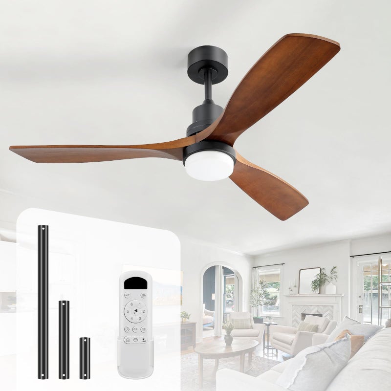 Sofucor 52 Inch Solid Wood Ceiling Fans With Lights, Low Profile Ceiling Fan with Light and Remote, 3 Downrod, Reversible DC Motor, Indoor/Outdoor 3 Blade Ceiling Fan Light for Bedroom Farmhouse Patio - Image 1