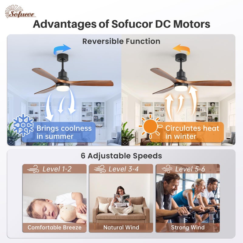 Sofucor 52 Inch Solid Wood Ceiling Fans With Lights, Low Profile Ceiling Fan with Light and Remote, 3 Downrod, Reversible DC Motor, Indoor/Outdoor 3 Blade Ceiling Fan Light for Bedroom Farmhouse Patio - Image 4