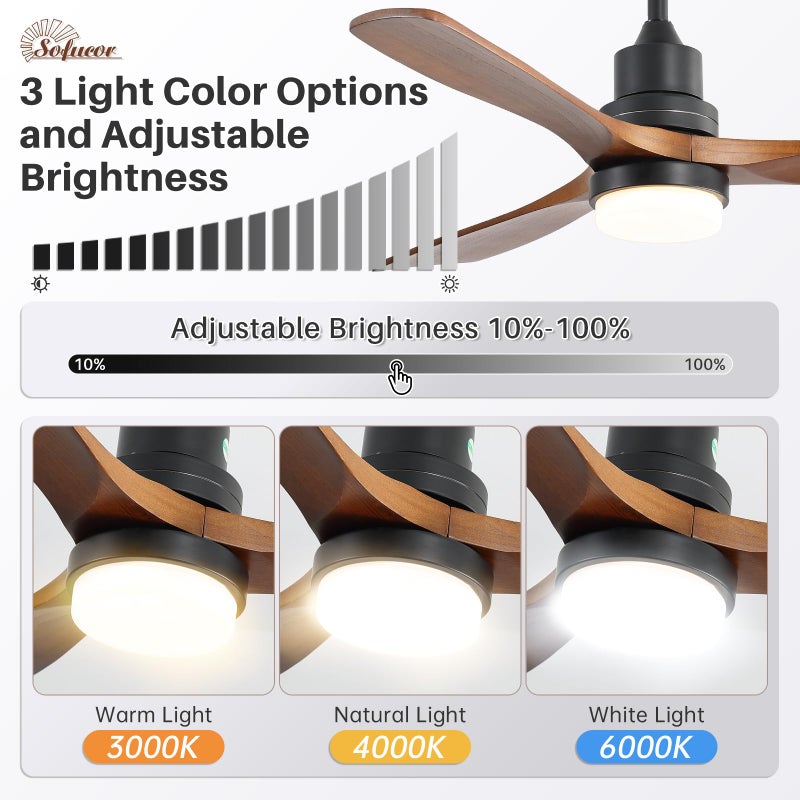 Sofucor 52 Inch Solid Wood Ceiling Fans With Lights, Low Profile Ceiling Fan with Light and Remote, 3 Downrod, Reversible DC Motor, Indoor/Outdoor 3 Blade Ceiling Fan Light for Bedroom Farmhouse Patio - Image 3