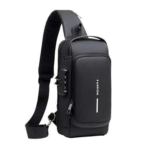 TS WITH TECHSUN Waterproof Anti-Theft Crossbody Bag With Password Zipper Lock & Usb Charging Port, Men's Shoulder Chest Daypack Bag Travel Hiking Sling Backpack, Black - Image 1