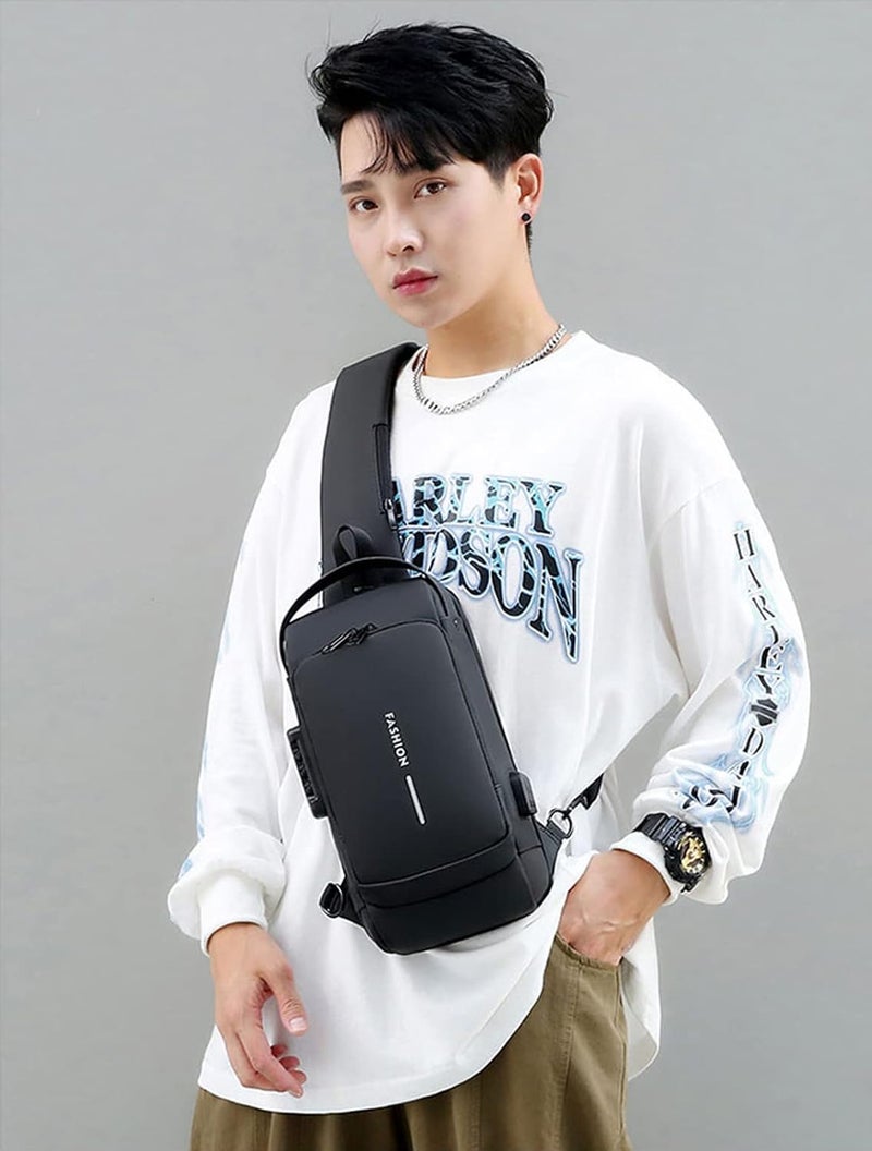 TS WITH TECHSUN Waterproof Anti-Theft Crossbody Bag With Password Zipper Lock & Usb Charging Port, Men's Shoulder Chest Daypack Bag Travel Hiking Sling Backpack, Black - Image 5