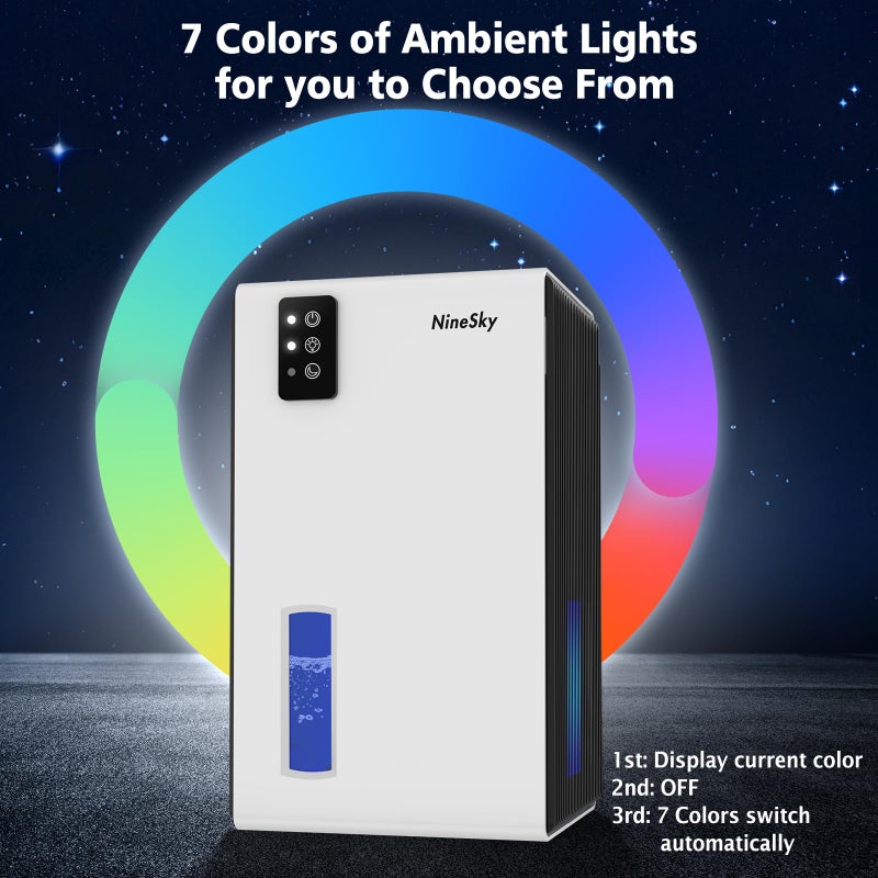 NineSky Dehumidifier, 1000 sq.ft Dehumidifiers for Home with 95oz Large Water Tank,Quiet Dehumidifier with 7-Color Ambient Light & Auto Shut Off, Dehumidifier for Basement, Bedroom, Bathroom (White) - Image 4