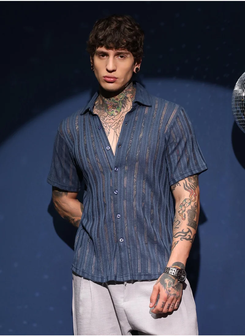 كامبوس سوترا Men's Aegean Blue Ridge Knit Shirt For Casual Wear | Spread Collar | Short Regular Sleeves | Button Closure | Shirt Crafted With Comfort Fit For Everyday Wear