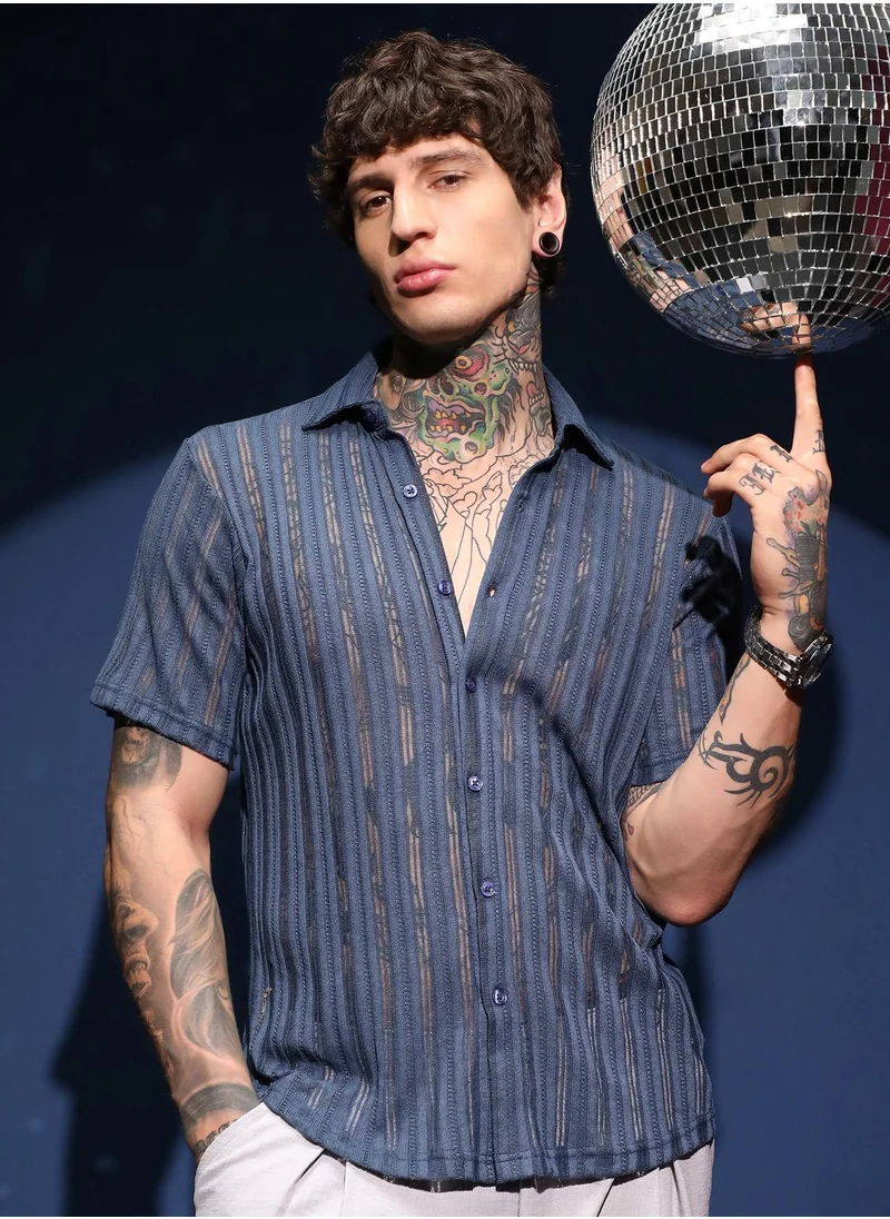 كامبوس سوترا Men's Aegean Blue Ridge Knit Shirt For Casual Wear | Spread Collar | Short Regular Sleeves | Button Closure | Shirt Crafted With Comfort Fit For Everyday Wear