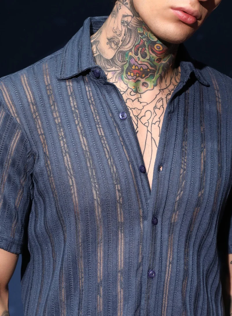 Campus Sutra Men's Aegean Blue Ridge Knit Shirt For Casual Wear | Spread Collar | Short Regular Sleeves | Button Closure | Shirt Crafted With Comfort Fit For Everyday Wear