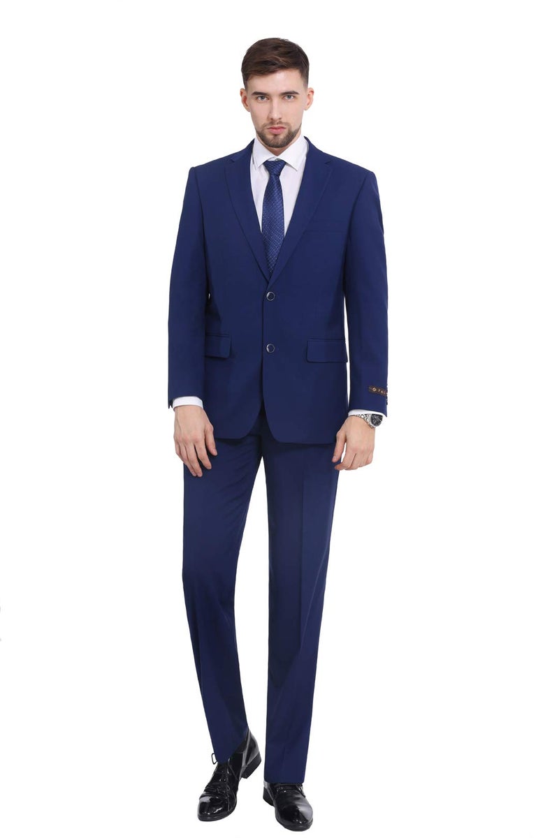 PL Mens 2 Piece Classic Fit Suit Premium 2 Button Blazer Pleated Pants Set for Wedding Business Cobalt Blue