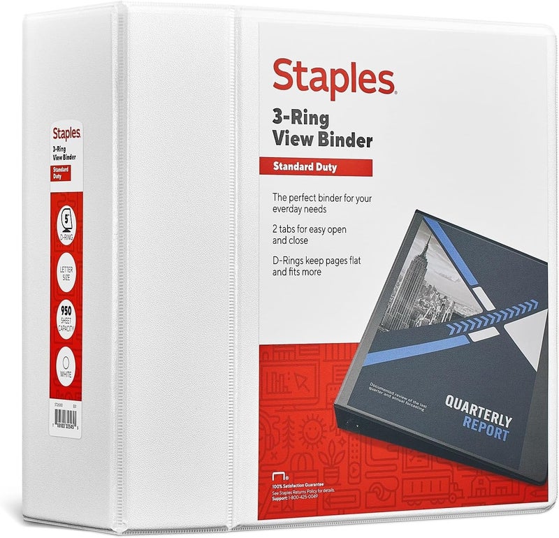 Staples View Binder, 5" D-Ring, White – High-Capacity 3-Ring Binder with Clear Overlay, Holds 1050 Sheets for Presentations & Archiving - Image 1