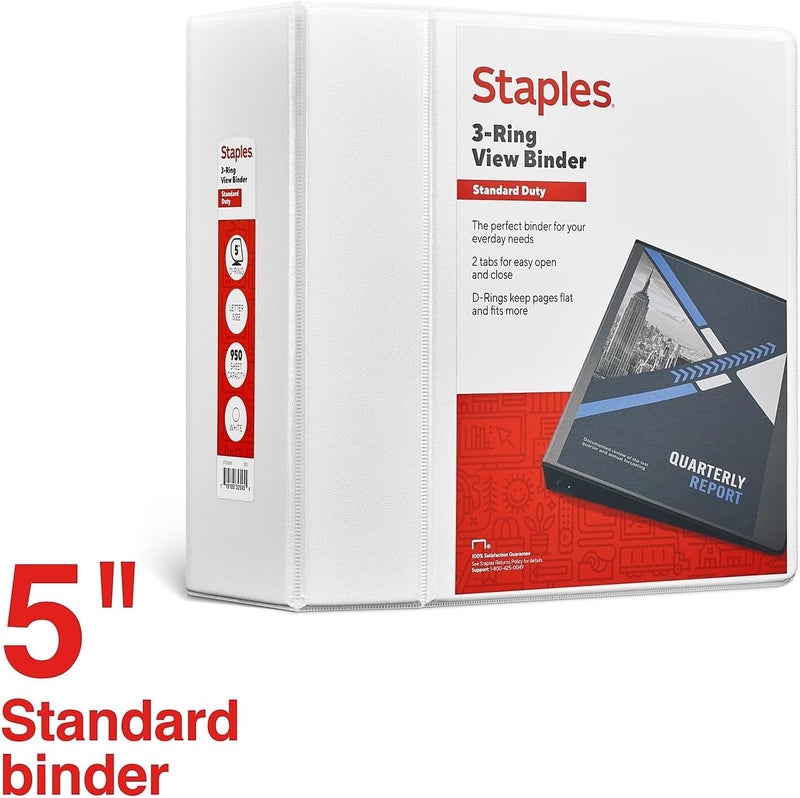 Staples View Binder, 5" D-Ring, White – High-Capacity 3-Ring Binder with Clear Overlay, Holds 1050 Sheets for Presentations & Archiving - Image 2