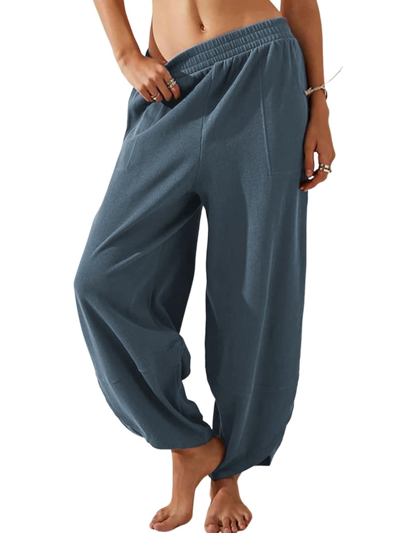 Himosyber Women Cotton Pants Wide Leg Pants Casual Loose Baggy Elastic Waist Beach Palazzo Harem Pants (Dustyblue-M) - Image 1