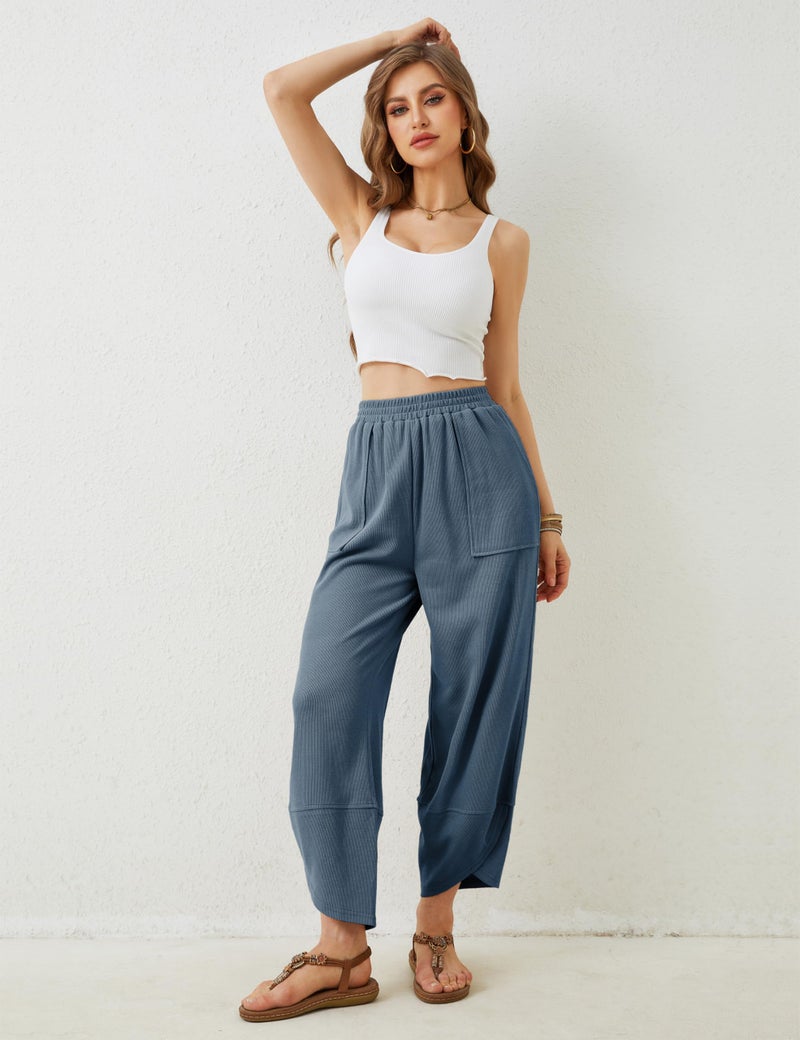 Himosyber Women Cotton Pants Wide Leg Pants Casual Loose Baggy Elastic Waist Beach Palazzo Harem Pants (Dustyblue-M) - Image 2