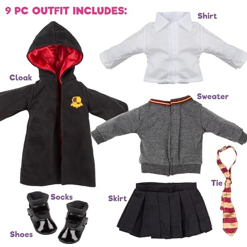 Dress Along Dolly 9pc Hermione Granger Inspired Outfit- 18" Doll Clothes & Accessories Compatible w American Girl Dolls- School Uniform Set Includes Shirt, Skirt, Sweater, Tie, Socks, Robe, & Shoes- Gift Set for Girls - Image 2