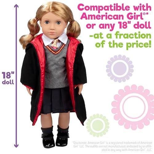 Dress Along Dolly 9pc Hermione Granger Inspired Outfit- 18" Doll Clothes & Accessories Compatible w American Girl Dolls- School Uniform Set Includes Shirt, Skirt, Sweater, Tie, Socks, Robe, & Shoes- Gift Set for Girls - Image 3