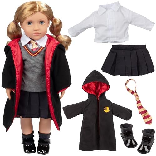 Dress Along Dolly 9pc Hermione Granger Inspired Outfit- 18" Doll Clothes & Accessories Compatible w American Girl Dolls- School Uniform Set Includes Shirt, Skirt, Sweater, Tie, Socks, Robe, & Shoes- Gift Set for Girls - Image 1