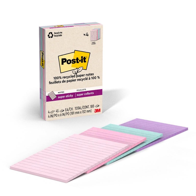 Post It Post-it 100% Recycled Paper Super Sticky Notes, 2X The Sticking Power, 4x6 in, Lined, 4 Pads/Pack, 45 Sheets/Pad, Wanderlust Pastels Collection (4621R-4SSNRP) - Image 1