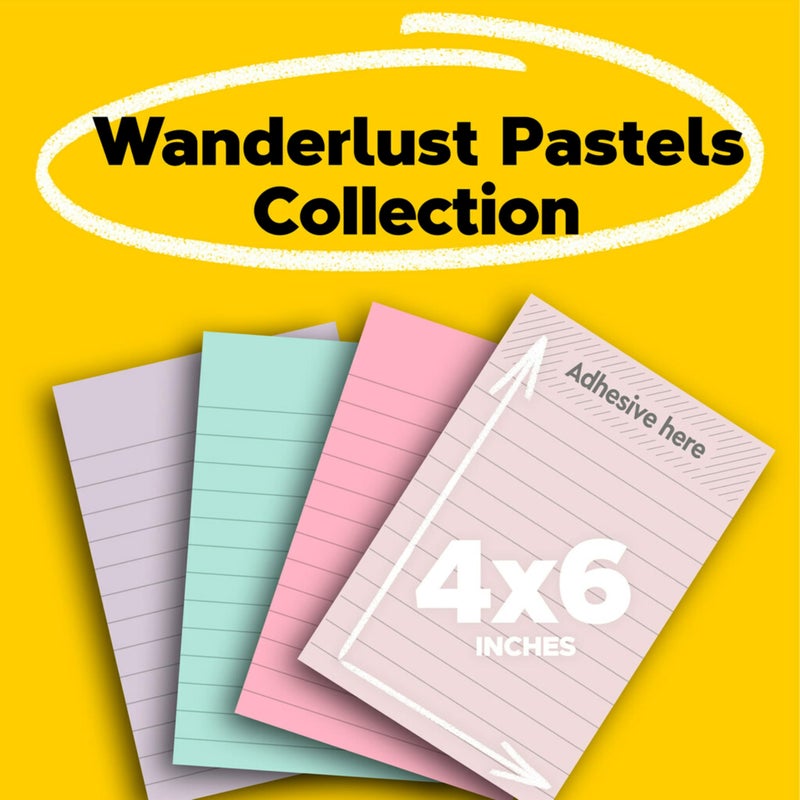 Post It Post-it 100% Recycled Paper Super Sticky Notes, 2X The Sticking Power, 4x6 in, Lined, 4 Pads/Pack, 45 Sheets/Pad, Wanderlust Pastels Collection (4621R-4SSNRP) - Image 2
