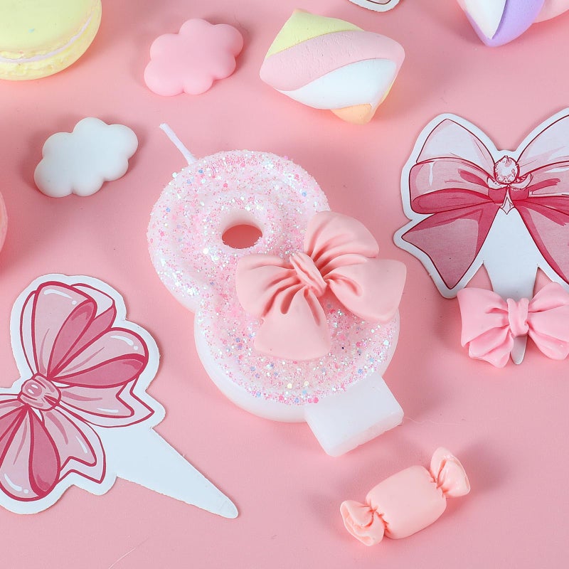 IDIJOLI Pink Birthday Candle Bow Number 8 Candle Cake Topper Cupcake Decor 8th Birthday Party Decorations Anniversary Celebrations Supplies Favors - Image 2