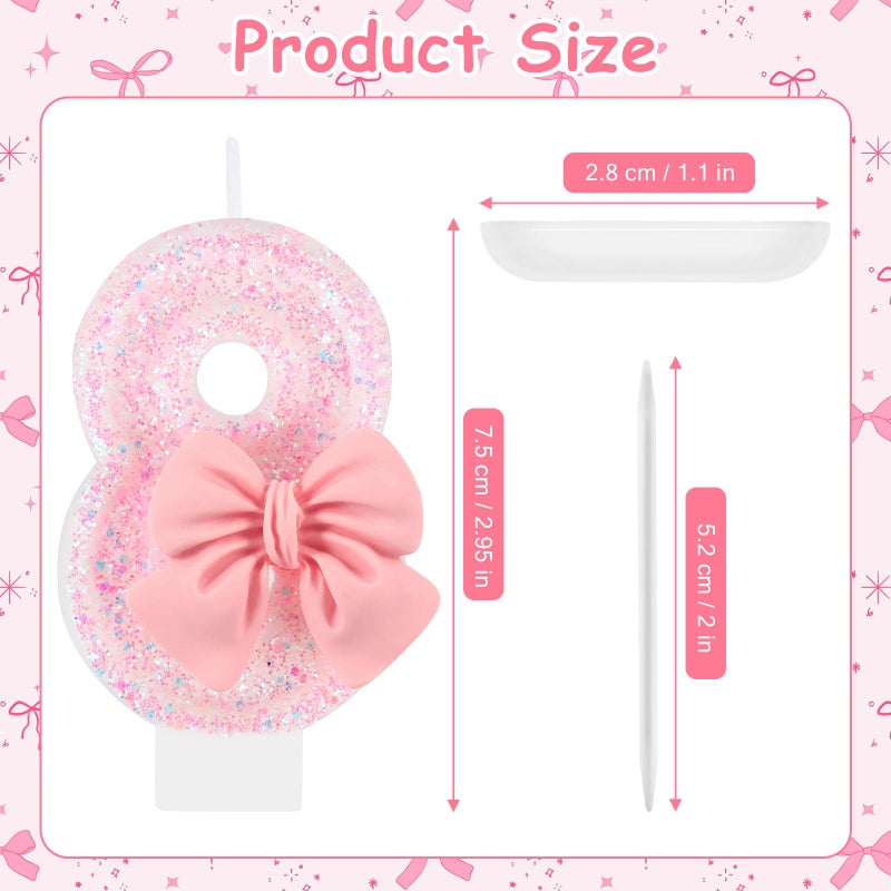 IDIJOLI Pink Birthday Candle Bow Number 8 Candle Cake Topper Cupcake Decor 8th Birthday Party Decorations Anniversary Celebrations Supplies Favors - Image 3