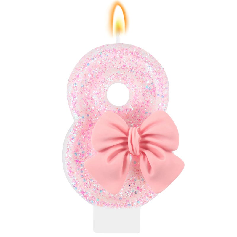 IDIJOLI Pink Birthday Candle Bow Number 8 Candle Cake Topper Cupcake Decor 8th Birthday Party Decorations Anniversary Celebrations Supplies Favors - Image 1