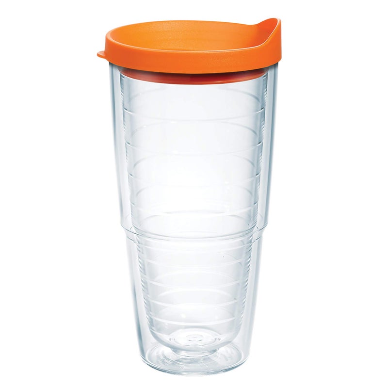 Tervis Clear Colorful Lidded Made in USA Double Walled Insulated Tumbler Travel Cup Keeps Drinks Cold Hot 24oz Orange Lid