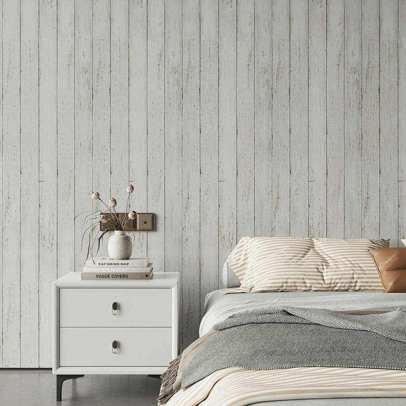 Abyssaly White Grey Wood Self Adhesive Paper 17.71 in X 32.8 Ft Removable Wood Peel and Stick Wallpaper Decorative Wall Covering Vintage Wood Panel Interior Film - Image 5