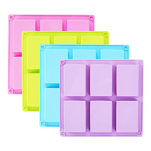 TDHDIKE 4 Pack Rectangle Silicone Soap Molds(Blue & Pink & Green & Purple), 6 Cavities Silicone Baking Mold DIY Handmade Soap Making, Muffin, Loaf, Brownie, Cornbread and More - Image 1