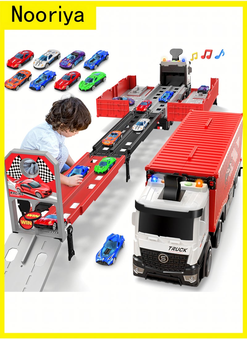 Nooriya Carrier Truck Race Track Toddlers Toys, Foldable 3 Layer Track Playset, Toy Truck Transport Car Carrier & 8 Race Cars, Truck Car Kids Toys Xmas Gifts for Age 3 4 5 6+ Years Old Boys Girls  - Image 1