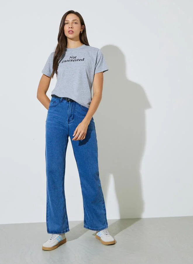 Styli Grey Slogan Print Round Neck T-Shirt
