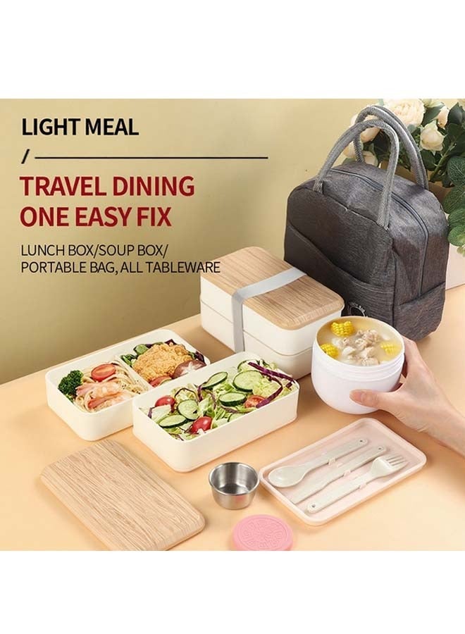 HaHaHai 2- Layer Leakproof Bento Box - large lunch box, stackable Japanese-style lunch box with insulated lunch bag, lunch container with food compartment, rectangular lunch box with cutlery set, with carry cup for soup, sauce cup - Image 2