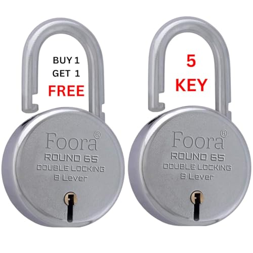 Foora Lock and Keys, Door Lock for Home, Round 65mm Padlock Pack of 2 with 5 Keys Each, 8 Lever Heavy Duty Double Locking System for Gate, Shutter, Main Door, Silver Finish. - Image 1