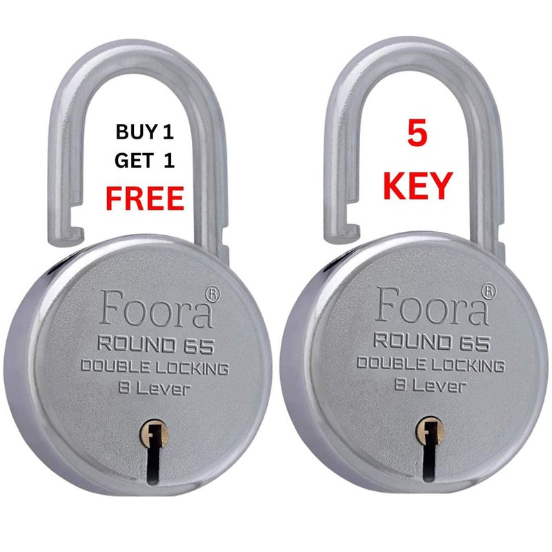 Foora Lock and Keys, Door Lock for Home, Round 65mm Padlock Pack of 2 with 5 Keys Each, 8 Lever Heavy Duty Double Locking System for Gate, Shutter, Main Door, Silver Finish. - Image 3