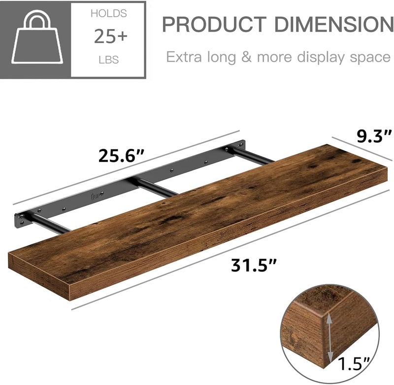 QEEIG Floating Shelves for Wall 31.5" Long - Wall Mounted Shelf Bathroom Kitchen Living Room Bedroom Farmhouse Home Decor Display Bookshelf Large 31.5 x 9.3 inch Set of 2, Rustic Brown (008-80BN) - Image 3