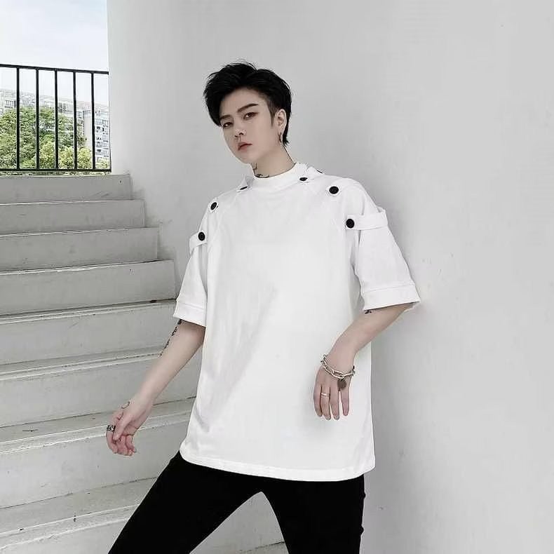 New Yamamoto yaosi dark niche design Barber mens fashion irregular T-shirt hair stylist plus size short sleeve Most# D006 short sleeve White