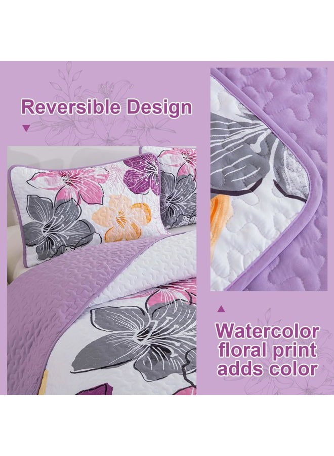 DJY 3 Pieces Quilt Set Queen Size Purple Floral Pattern, Colourful Floral Bedspread Set Bohemia Reversible Bedding Set Microfiber Lightweight Bedspread Coverlet Set for All Season 90"x96" - Image 4