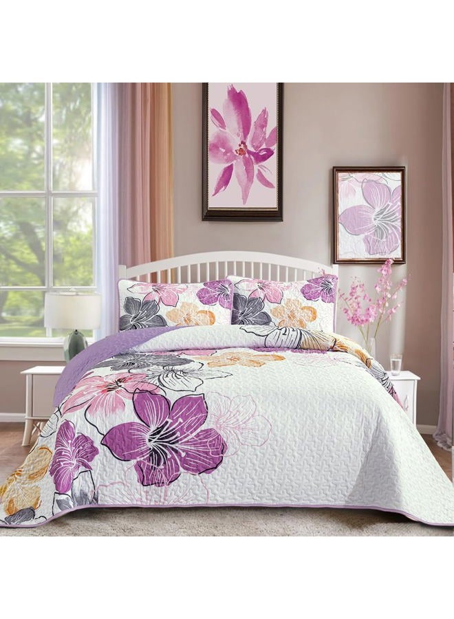 DJY 3 Pieces Quilt Set Queen Size Purple Floral Pattern, Colourful Floral Bedspread Set Bohemia Reversible Bedding Set Microfiber Lightweight Bedspread Coverlet Set for All Season 90"x96" - Image 1