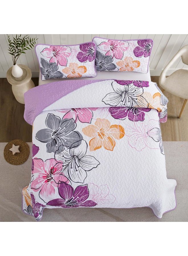 DJY 3 Pieces Quilt Set Queen Size Purple Floral Pattern, Colourful Floral Bedspread Set Bohemia Reversible Bedding Set Microfiber Lightweight Bedspread Coverlet Set for All Season 90"x96" - Image 3