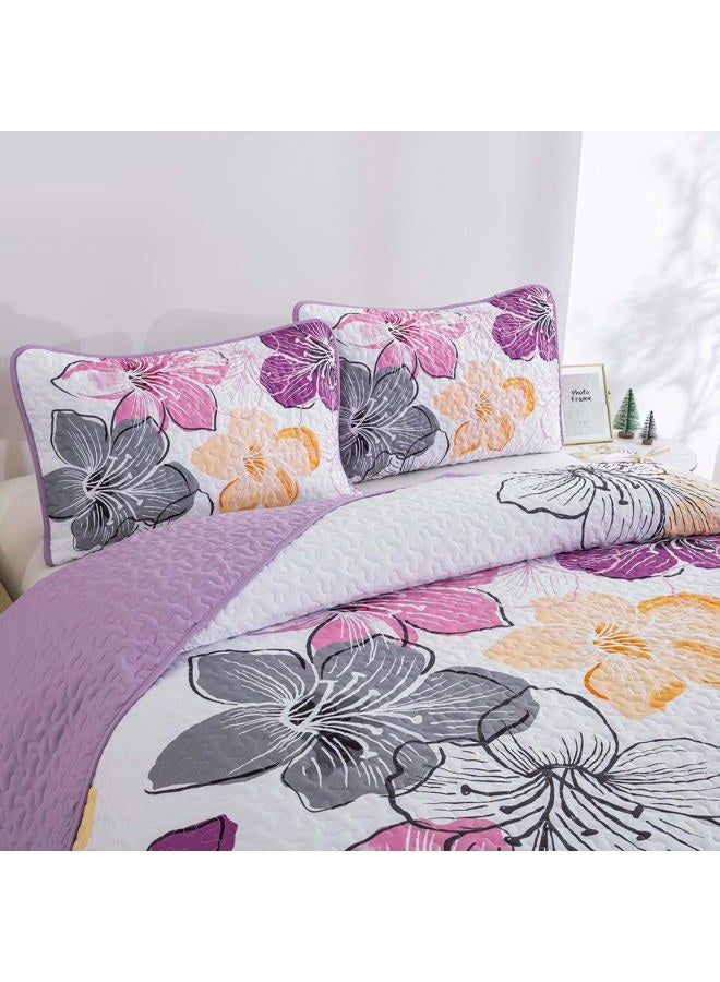 DJY 3 Pieces Quilt Set Queen Size Purple Floral Pattern, Colourful Floral Bedspread Set Bohemia Reversible Bedding Set Microfiber Lightweight Bedspread Coverlet Set for All Season 90"x96" - Image 5