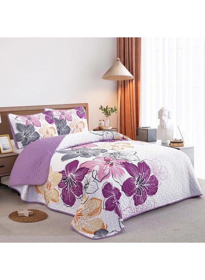 DJY 3 Pieces Quilt Set Queen Size Purple Floral Pattern, Colourful Floral Bedspread Set Bohemia Reversible Bedding Set Microfiber Lightweight Bedspread Coverlet Set for All Season 90"x96" - Image 2
