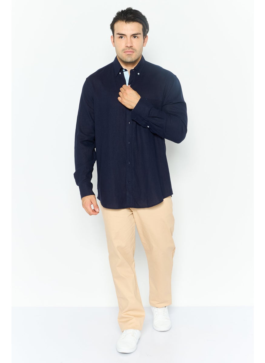 Tailorbyrd Men Regular Fit Embroidered Logo Long Sleeves Casual Shirt, Navy  - Image 2