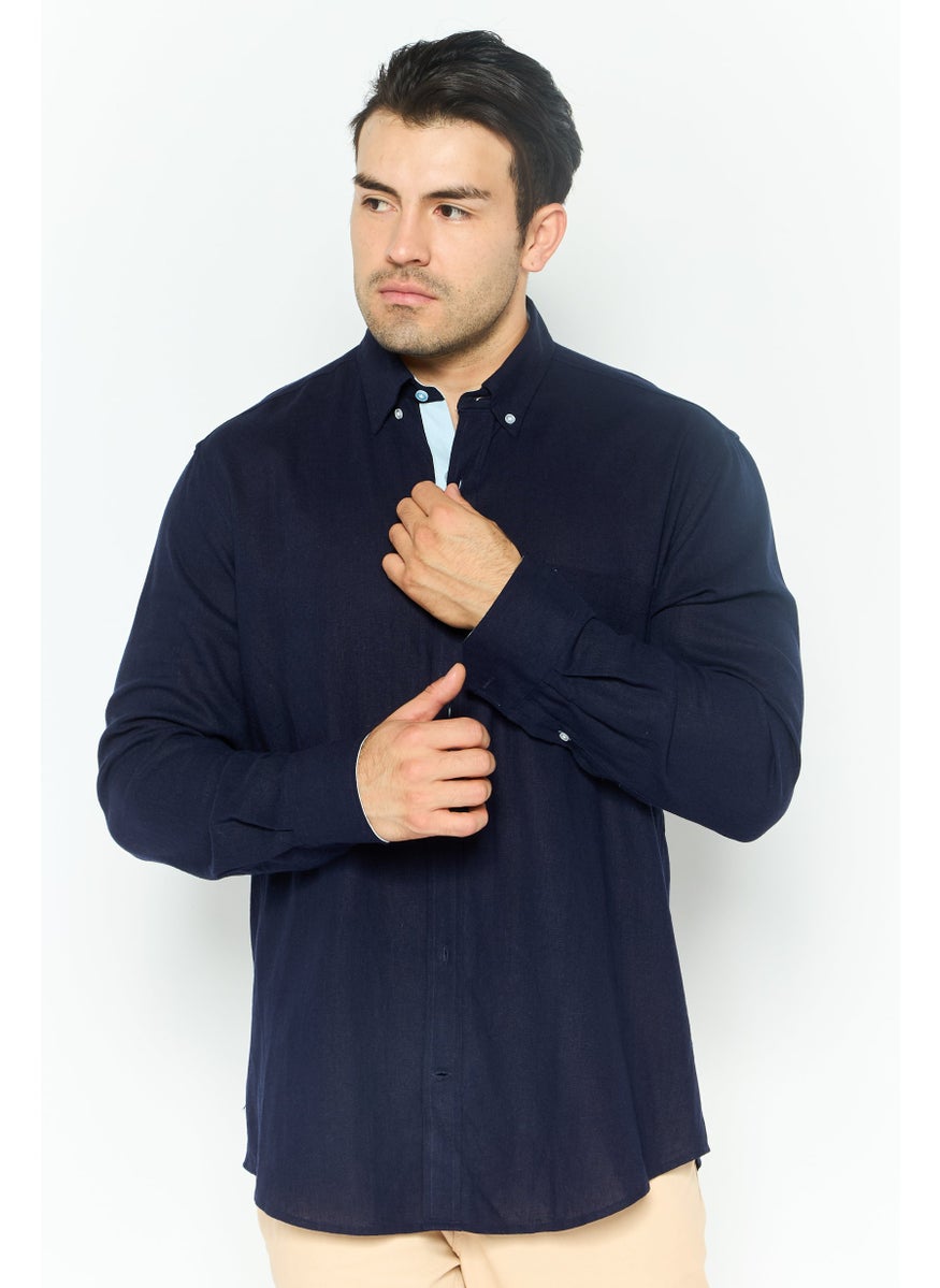 Tailorbyrd Men Regular Fit Embroidered Logo Long Sleeves Casual Shirt, Navy  - Image 1