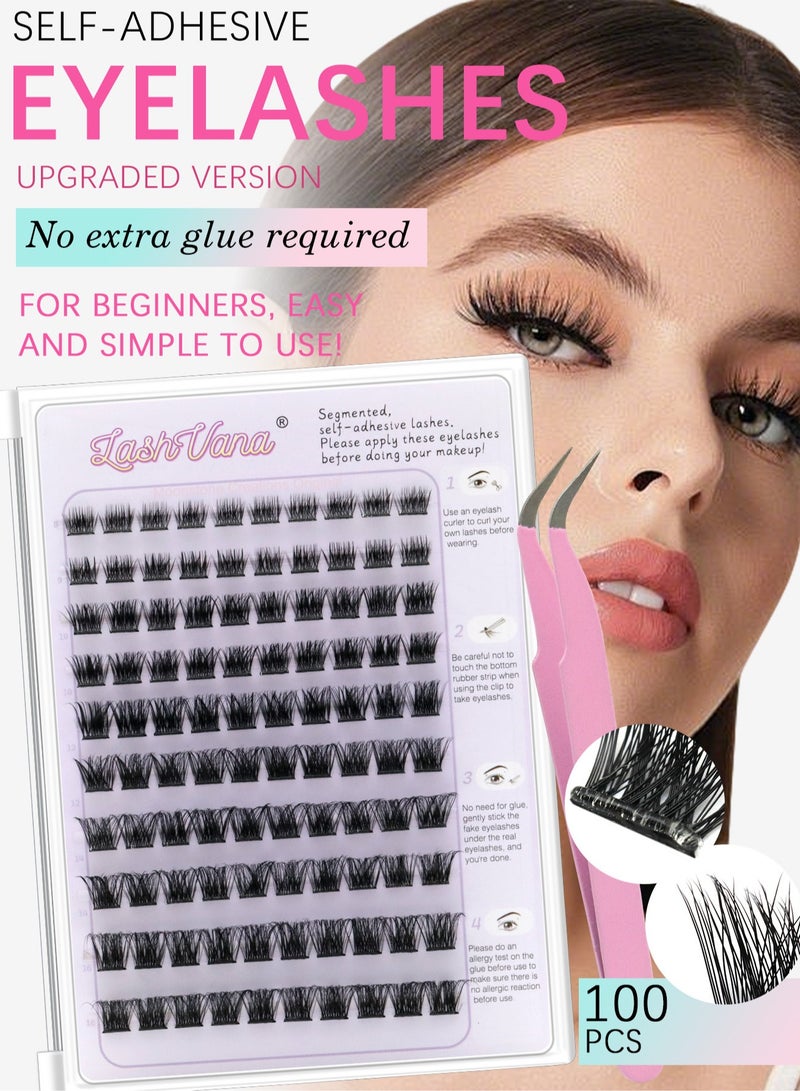 لاشفانا مجموعة رموش فردية ذاتية اللصق 100 قطعة D Curl رموش عنقودية مسبقة اللصق بطول 8-16 مم رموش DIY بدون غراء مع ملقط مناسبة للمبتدئين - Image 1