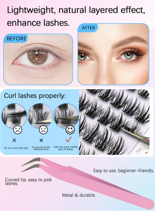 مجموعة رموش فردية ذاتية اللصق 100 قطعة D Curl رموش عنقودية مسبقة اللصق بطول 8-16 مم رموش DIY بدون غراء مع ملقط مناسبة للمبتدئين - view 4
