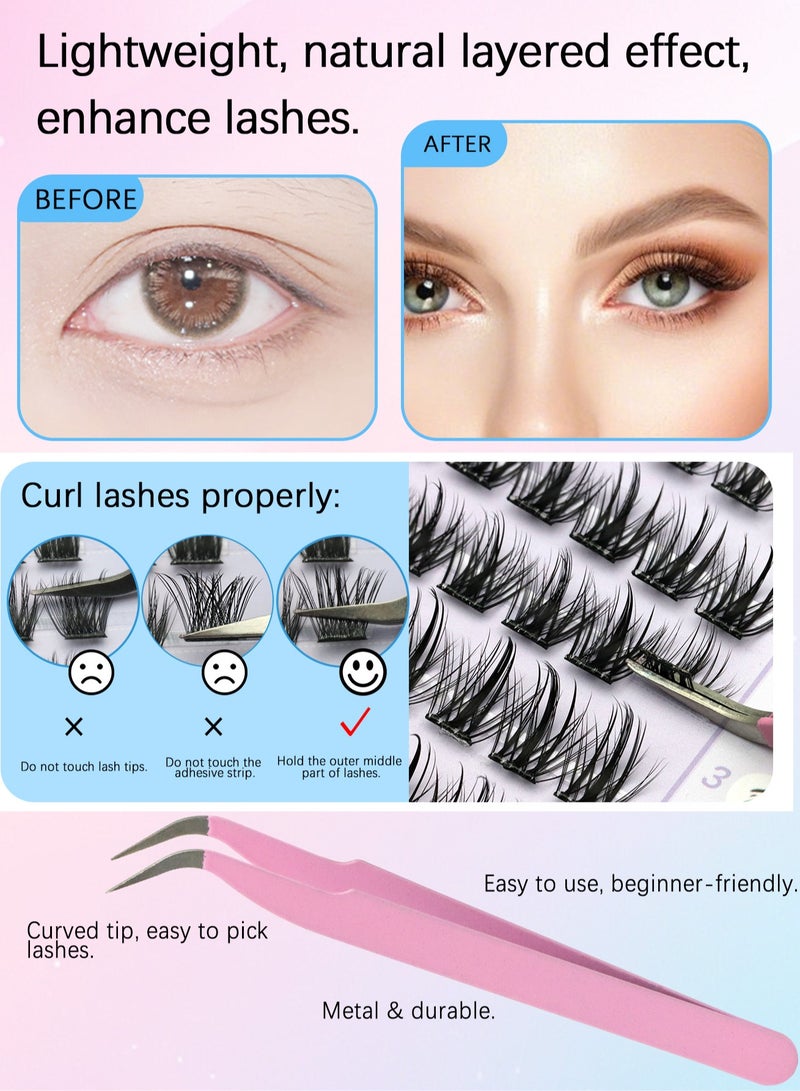 لاشفانا مجموعة رموش فردية ذاتية اللصق 100 قطعة D Curl رموش عنقودية مسبقة اللصق بطول 8-16 مم رموش DIY بدون غراء مع ملقط مناسبة للمبتدئين - Image 4
