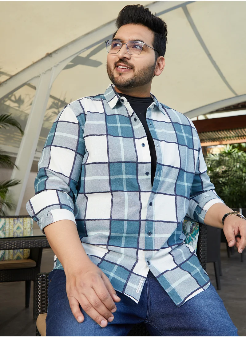 انستافاب بلس Instafab Plus Men's Steel Blue Overlaping Check Shirt For Casual Wear | Spread Collar | Long Cuffed Sleeves | Button Closure | Plus Size Shirt Crafted With Comfort Fit For Everyday Wear