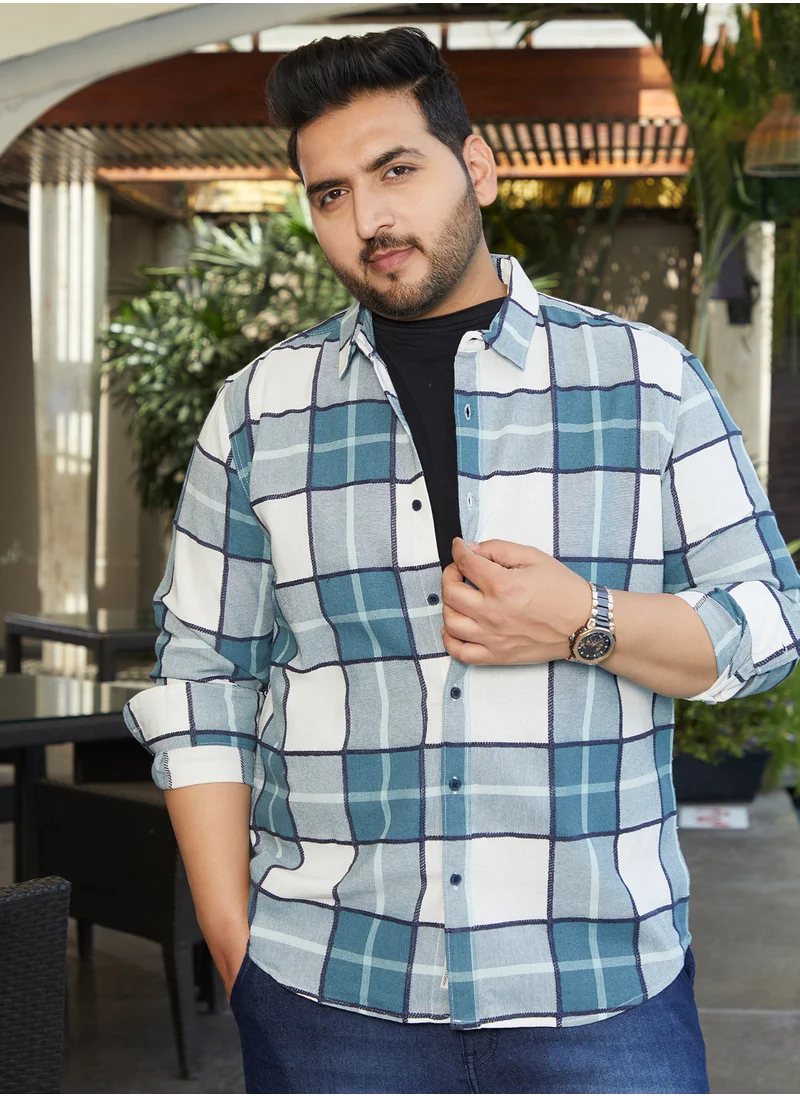 انستافاب بلس Instafab Plus Men's Steel Blue Overlaping Check Shirt For Casual Wear | Spread Collar | Long Cuffed Sleeves | Button Closure | Plus Size Shirt Crafted With Comfort Fit For Everyday Wear