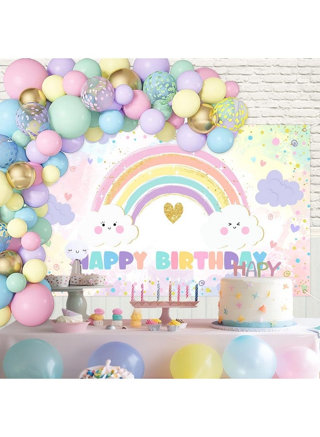 افيزانو خلفية عيد ميلاد قوس قزح للبنات، ديكورات حفلات عيد ميلاد سعيد بألوان قوس قزح الباستيل، لافتة منقطة ملونة، خلفية عيد ميلاد سعيد للبنات بألوان قوس قزح 70.8 × 43.3 بوصة - Image 4
